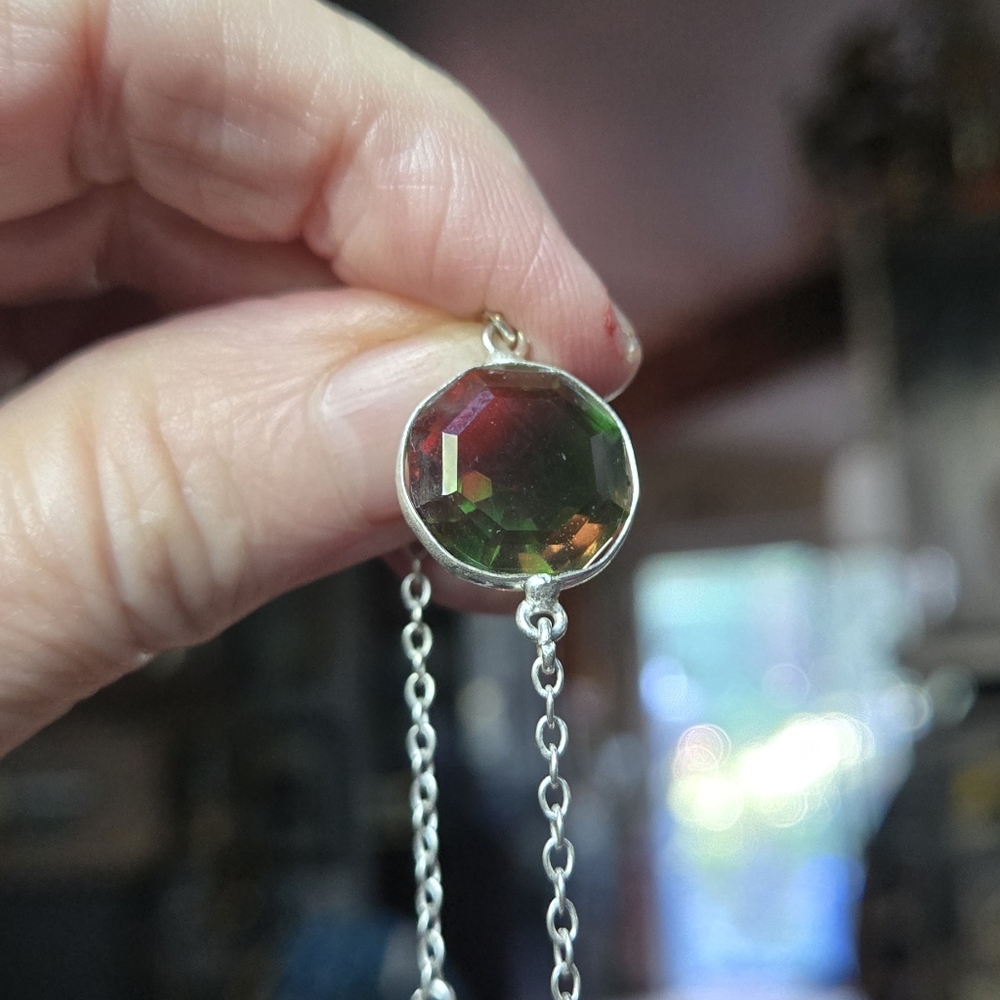 Watermelon tourmaline sterling silver diamond cut station necklace 18" - Picture 9 of 9
